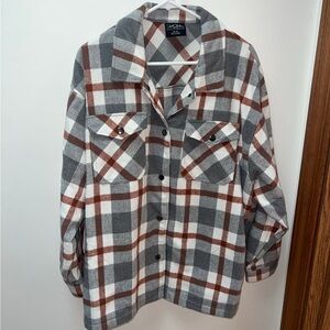 HFX Plaid Flannel Shacket XL Gray Brown Cream Wool Blend Snap Button